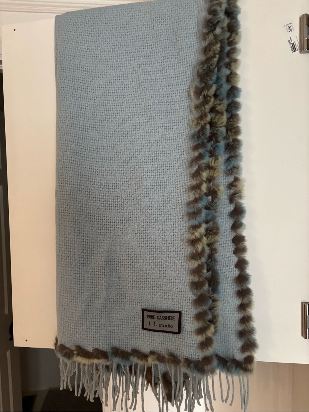 Light Blue Pure Cashmere Scarf
with Fur Trim